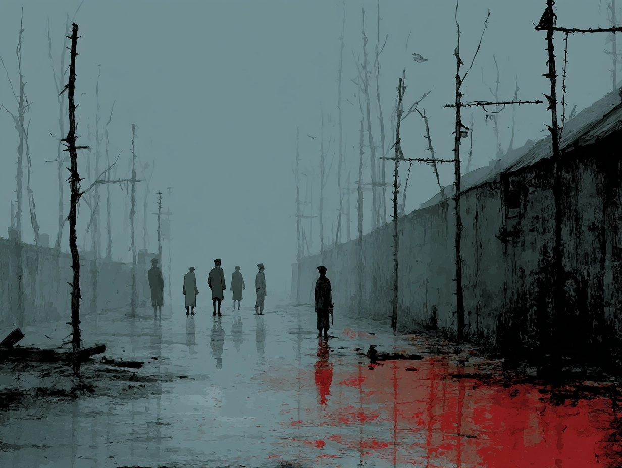 Fanger vandrer gjennom vinterlig tåke i konsentrasjonsleir – en atmosfærisk skildring av kulde og isolasjon